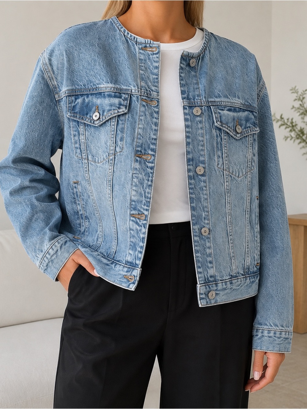 Abercrombie & Fitch Oversize Denim Jacket  Collarless Jean Jacket Size Large NWT